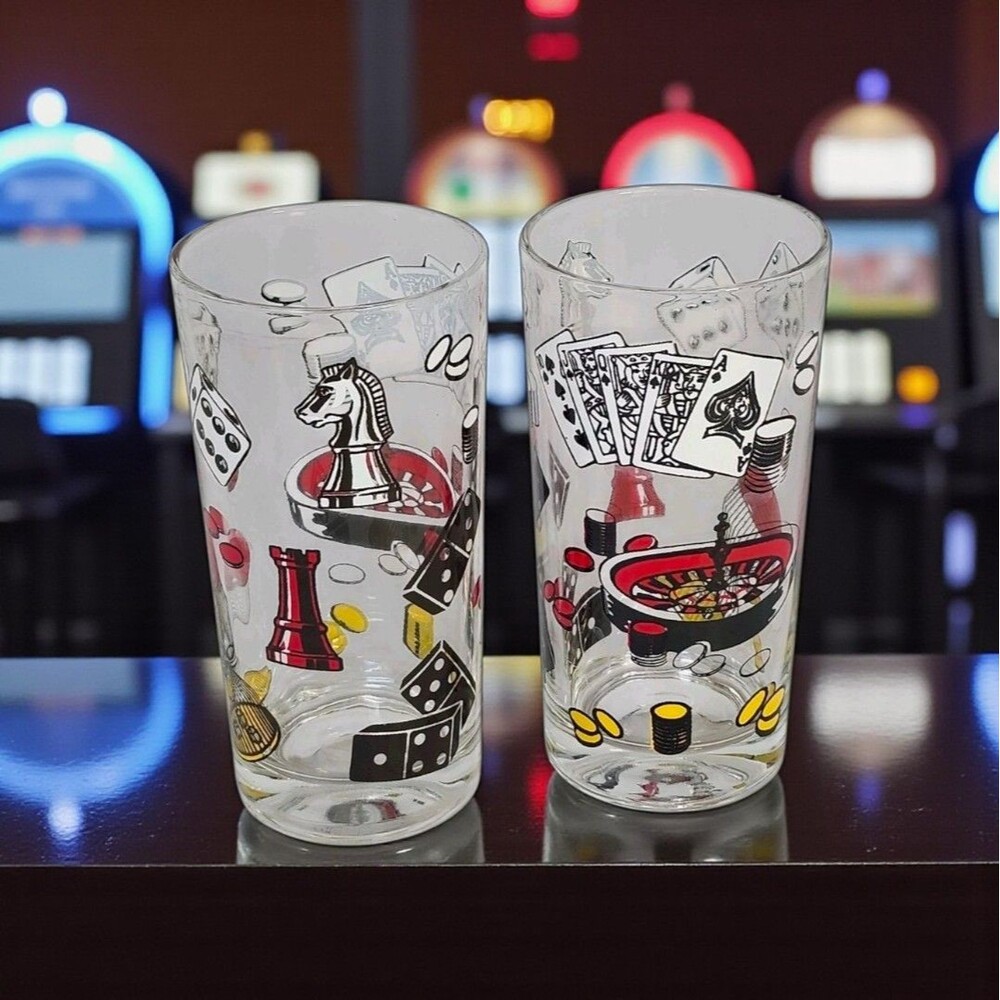 Vintage Hazel Atlas Rumpus Room Casino Glasses Set of 2 Poker Dice Cards Barware